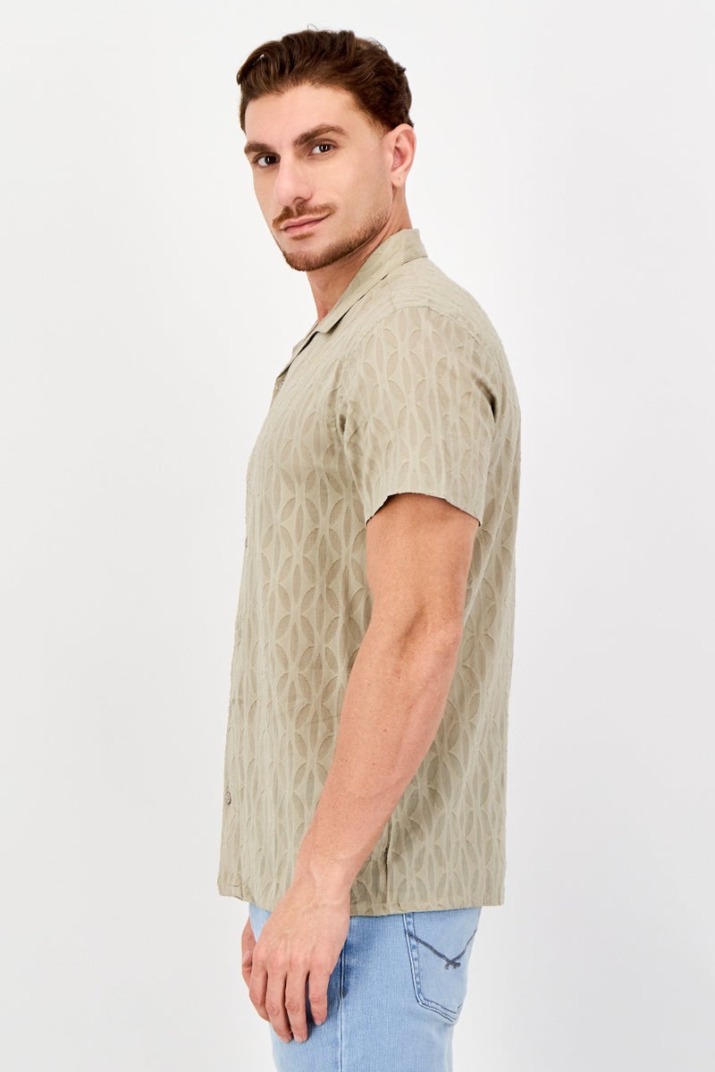 Threadbare Men Regular Fit Short Sleeve Textured Casual Shirt, Khaki - Image 2